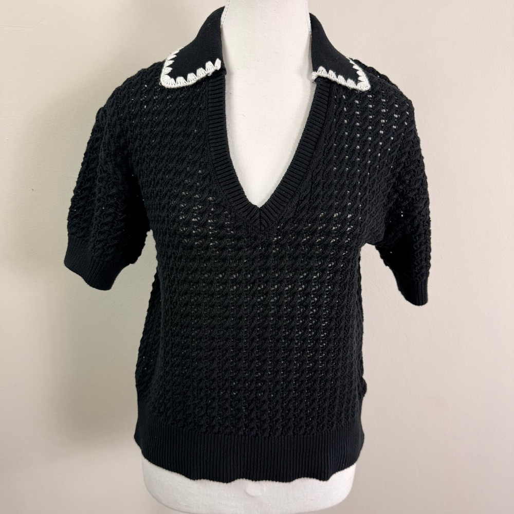 Varley Monte V-neck Knit Polo Black Cotton Crochet Short Sleeve Sweater Small